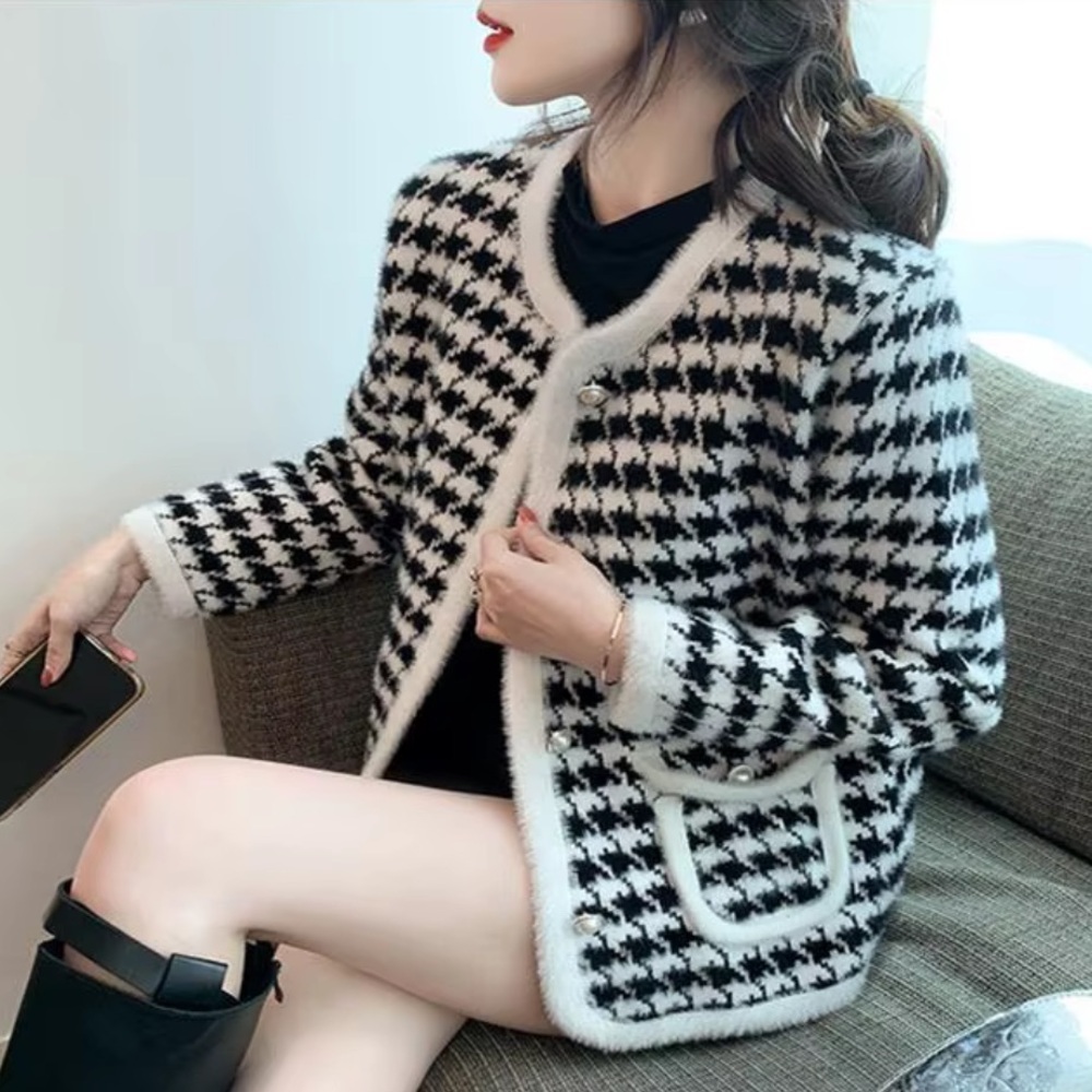 SOPHIE SNOWFLAKE NY BLACK/WHITE HOUNDSTOOTH BUTTON DOWN SWEATER CARDIGAN SZ S/M